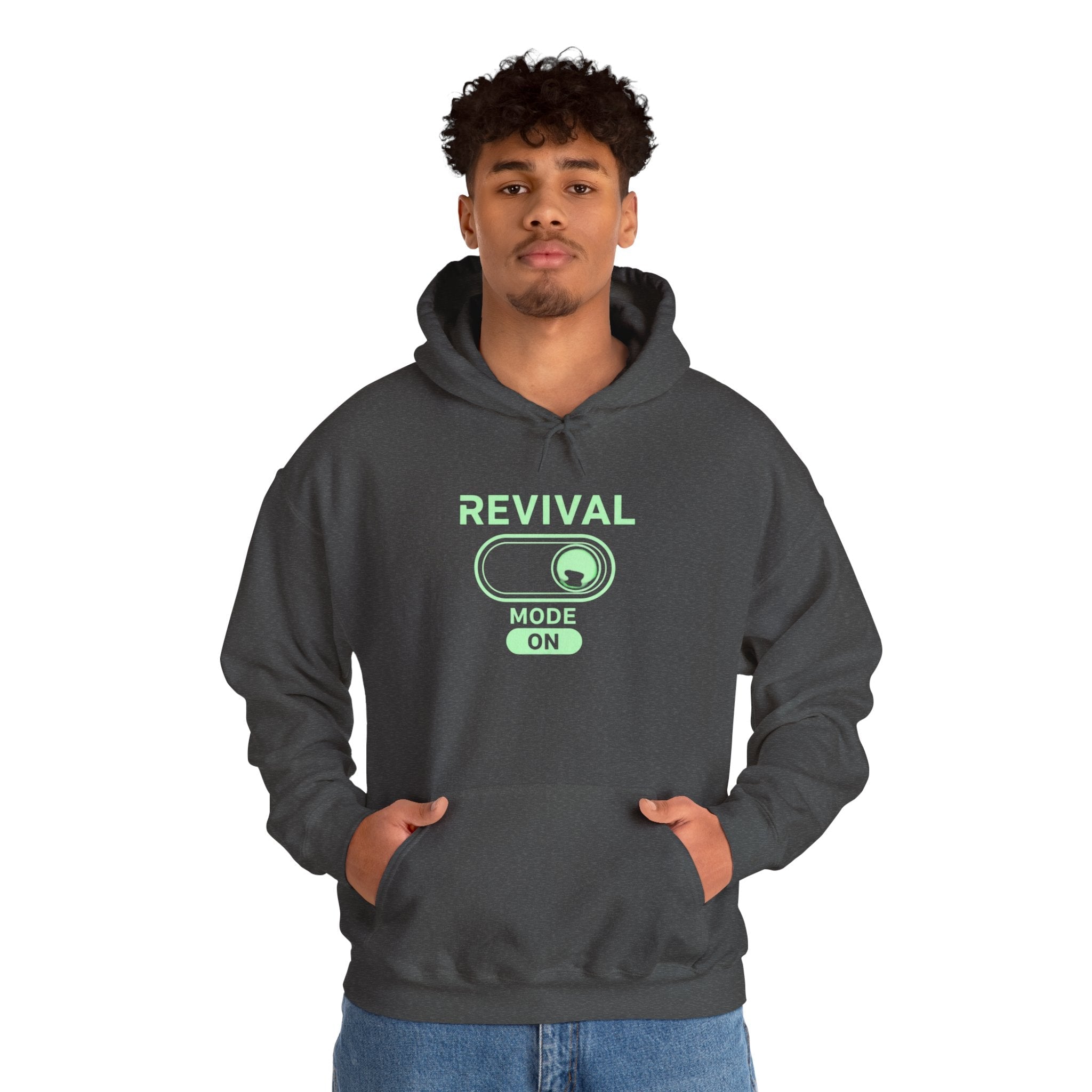 🔥 Revival Mode: ON – Christian Techwear Hoodie | Glowing Green Faith Switch | Futuristic Jesus Shirt | Activate Your Spiritual Awakening | Uplifted Gear Printify