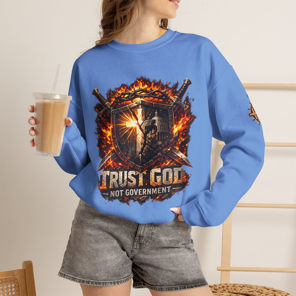 Trust God Not Government Shield Sweatshirt — Patriotic Christian Faith Sweatshirt Printify