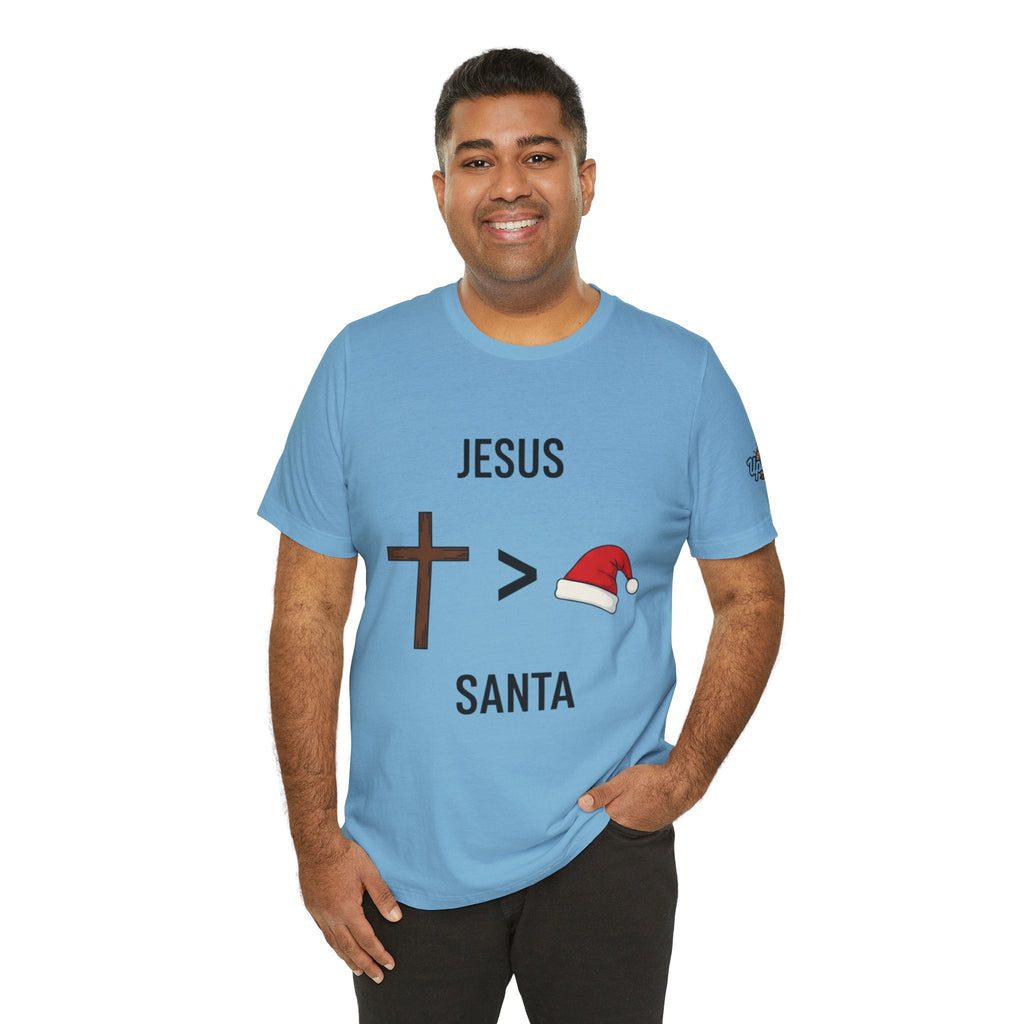 🎄 Jesus > Santa – Minimalist Christian Christmas T-Shirt | Bold Faith Over Holiday Tee | Cross vs Santa Hat Design | Uplifted Gear Printify