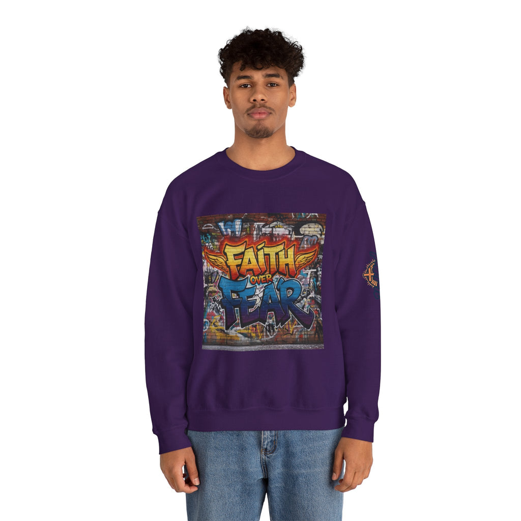 Faith Over Fear Sweatshirt – Graffiti Wall Christian Sweatshirt for Bold 2 Corinthians 5:7 Streetwear & Unshakable Faith Printify
