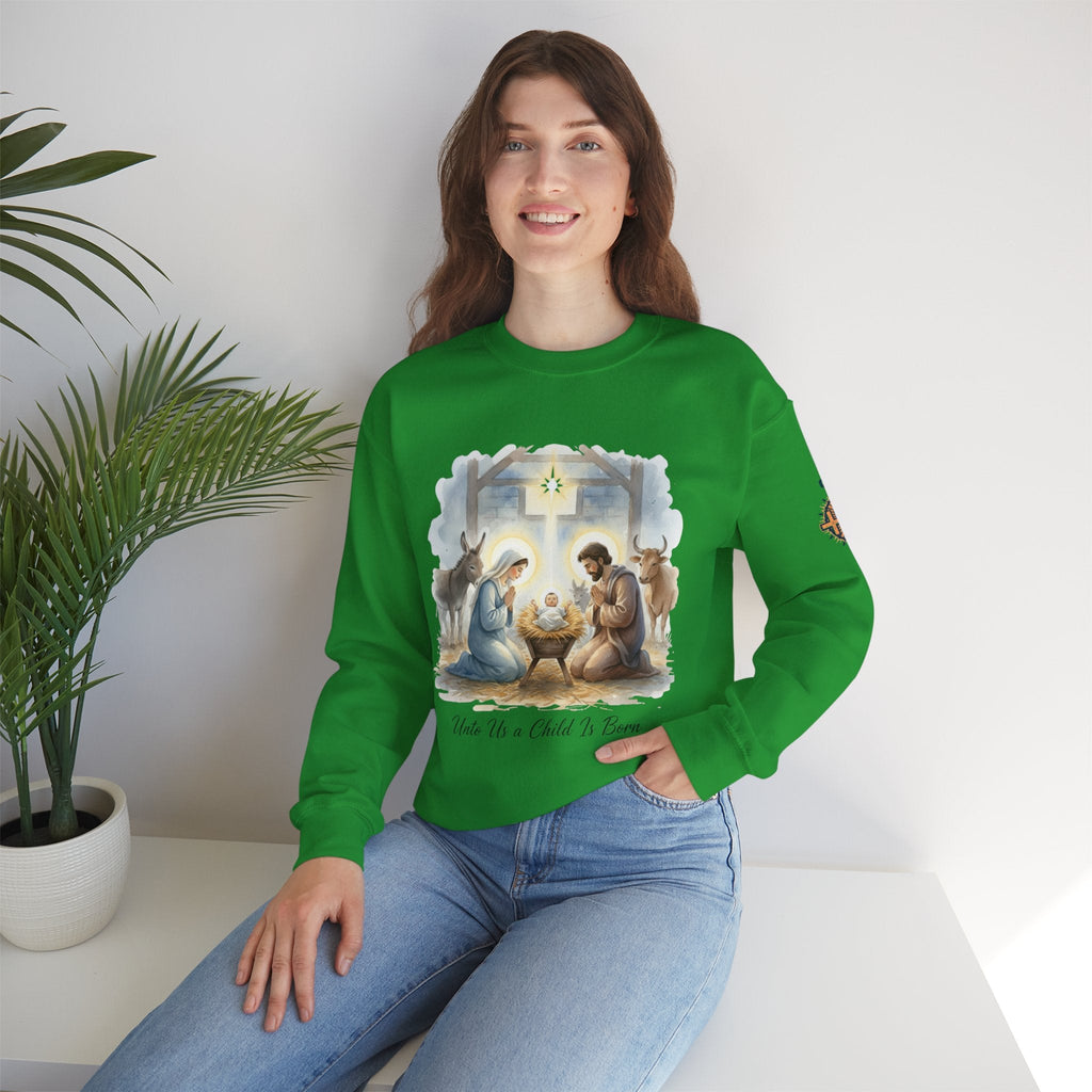Unto Us a Child is Born Sweatshirt – Isaiah 9:6 Nativity Manger Scene Christian Christmas Sweatshirt for Holy Night Faith Printify