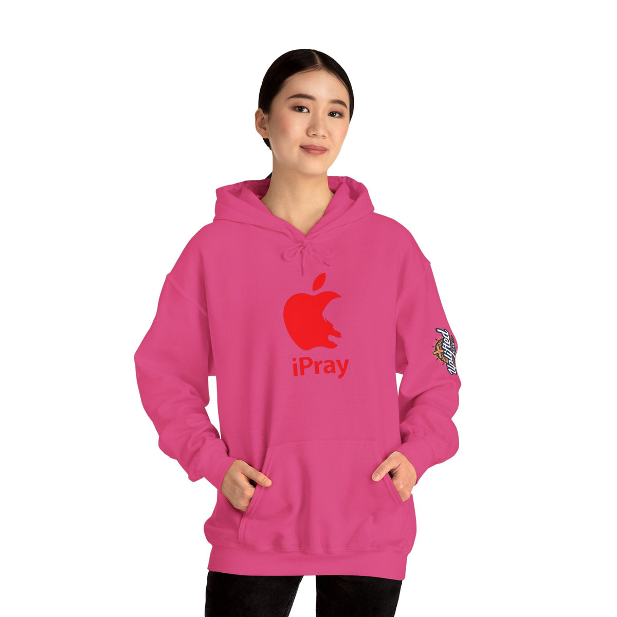 iPray Apple Logo Hoodie — Funny Christian Hoodie (Minimal Red Apple Graphic) Printify