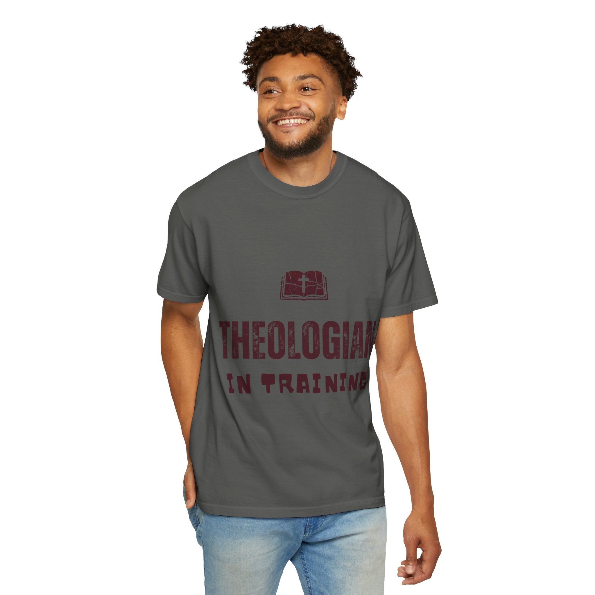 Theologian in Training T-Shirt – Open Bible & Cross Christian Tee for Faithful Learners Printify