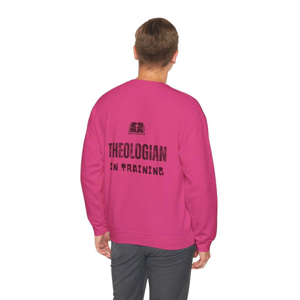 Theologian in Training Sweatshirt – Open Bible & Cross Christian Sweatshirt for Faithful Growth Printify