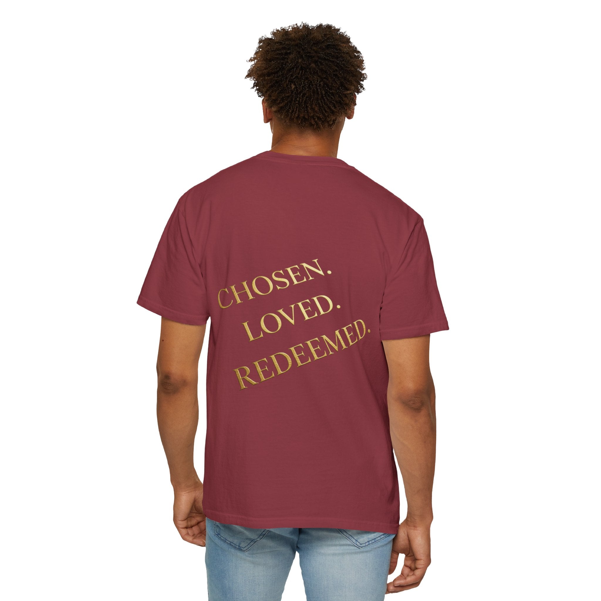 ✨ Chosen. Loved. Redeemed. – Elegant Christian T-Shirt | Gold Foil Faith Tee | Subtle Cross & Heart Design | Inspirational Bible Verse Apparel by Uplifted Gear Printify