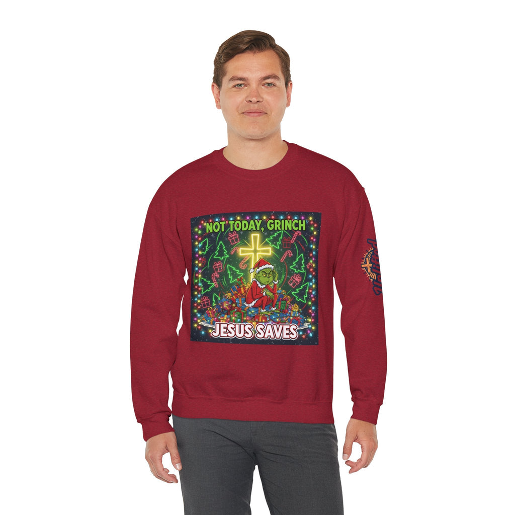 🎄 Not Today, Grinch – Jesus Saves | Funny Christian Christmas Sweatshirt | Festive Green & Red Cartoon Style | Bold Faith Holiday Tee by Uplifted Gear Printify