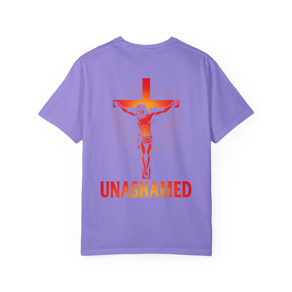 Unashamed T-shirt – Romans 1:16 Crucifixion Christian t-shirt for Bold Unwavering Faith Red Printify