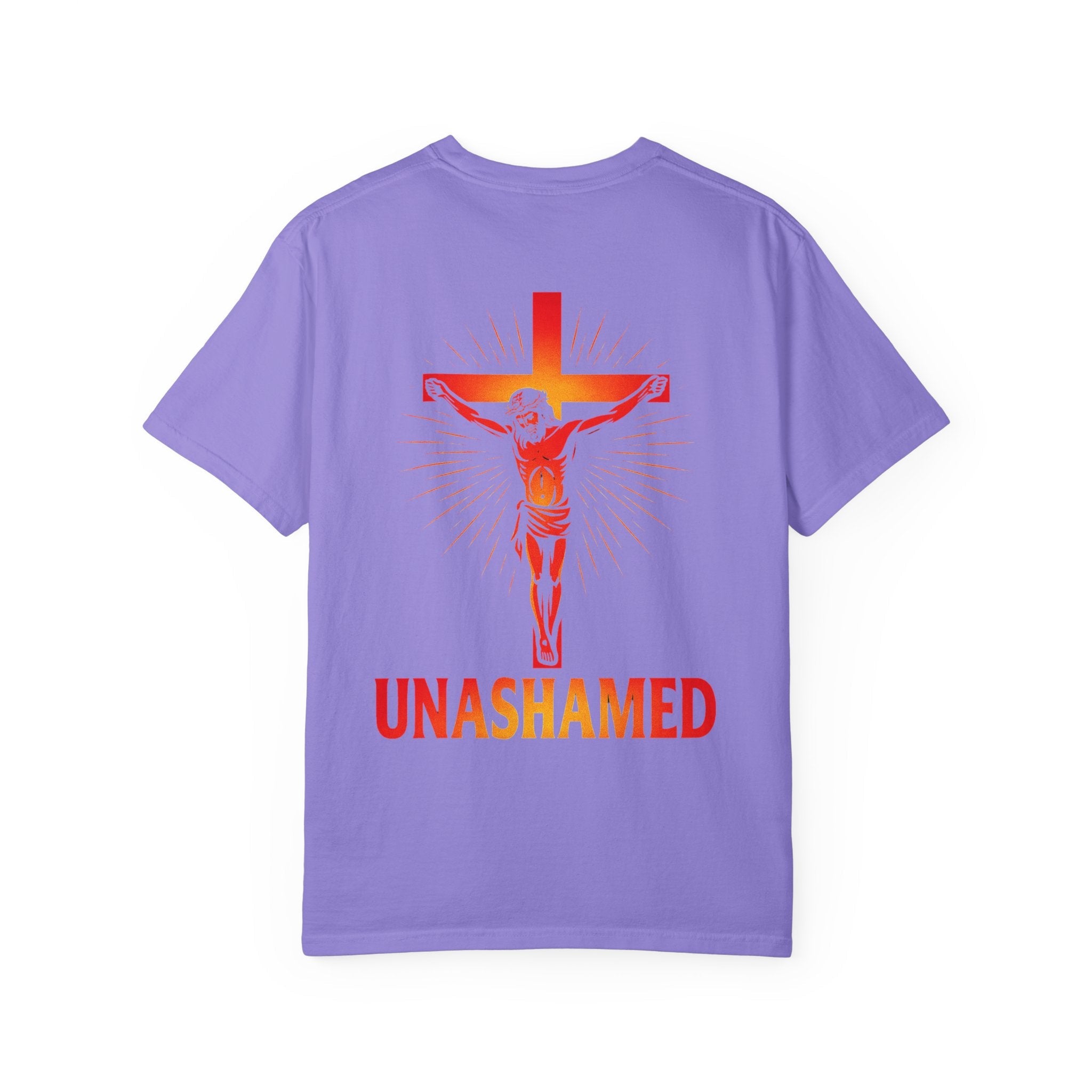 Unashamed T-shirt – Romans 1:16 Crucifixion Christian t-shirt for Bold Unwavering Faith Red Printify