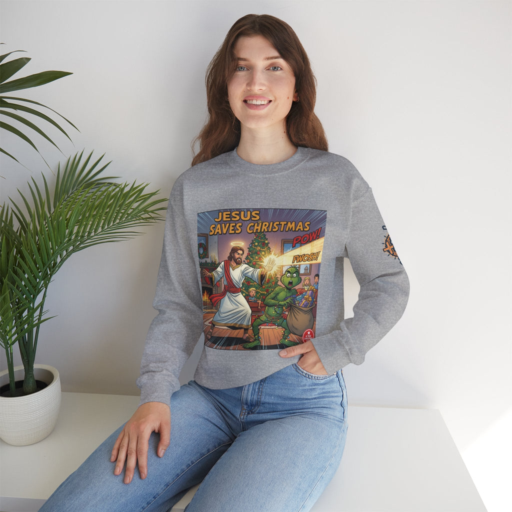 Jesus Saves Christmas Sweatshirt – Grinch vs Savior Light Battle Christian Sweatshirt for Hilarious Holiday Faith & True Joy Printify