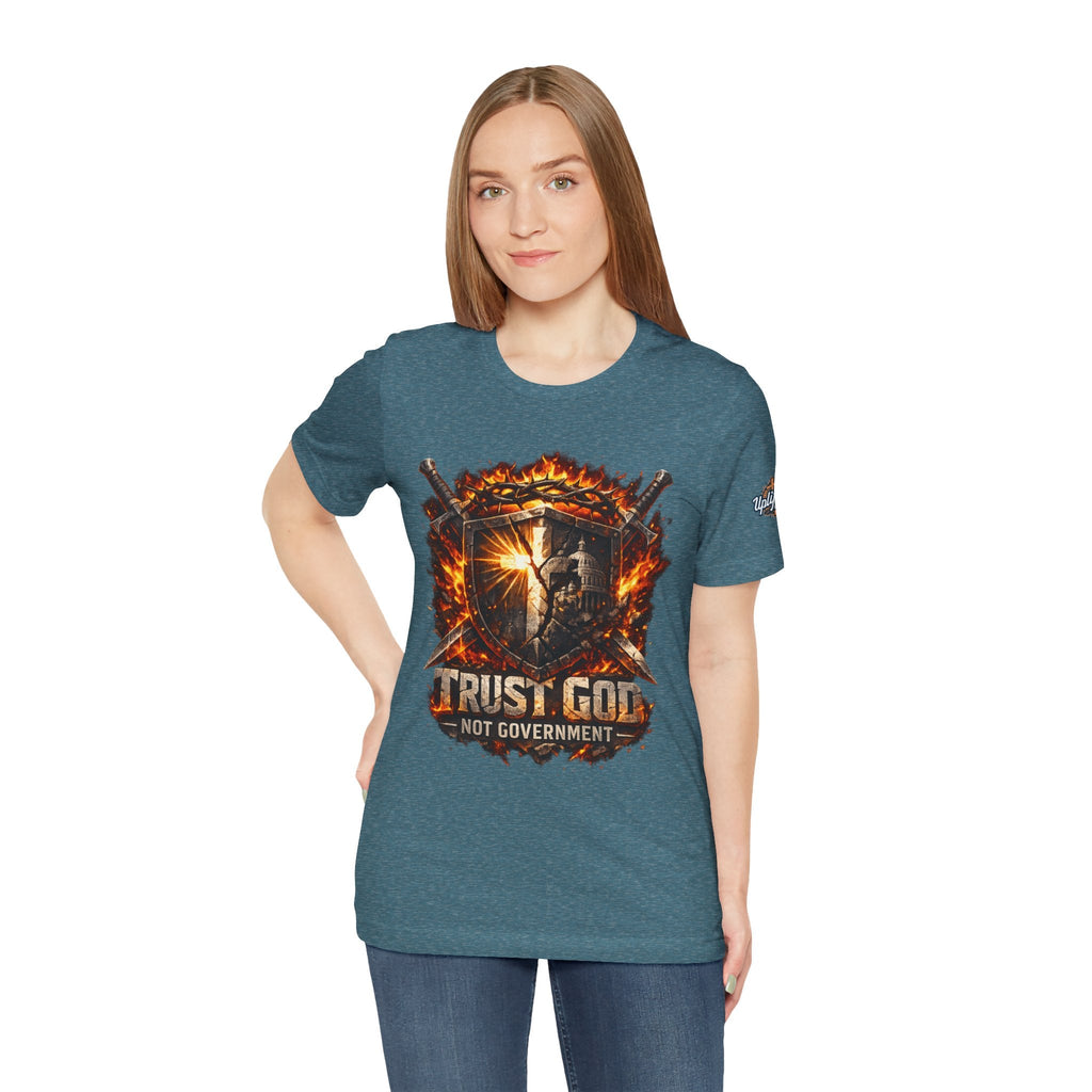 Trust God Not Government Shield Tee — Patriotic Christian Faith T-Shirt Printify