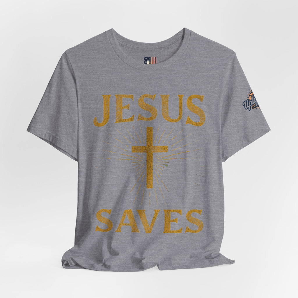 Jesus Saves T-shirt – Radiant Cross & Rays of Light Christian T-shirt for Eternal Hope & Faith Printify