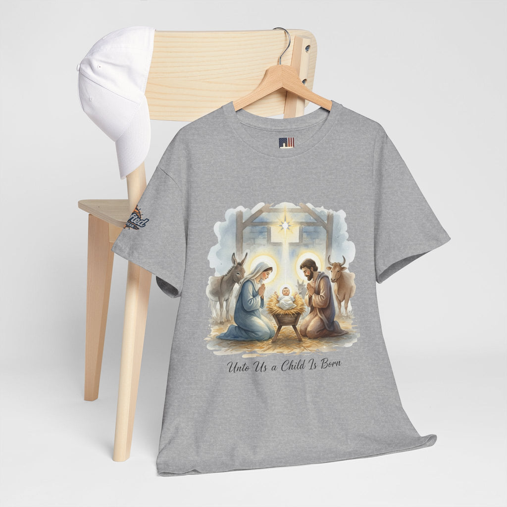 Unto Us a Child is Born T-shirt – Isaiah 9:6 Nativity Manger Scene Christian Christmas T-shirt for Holy Night Faith Printify