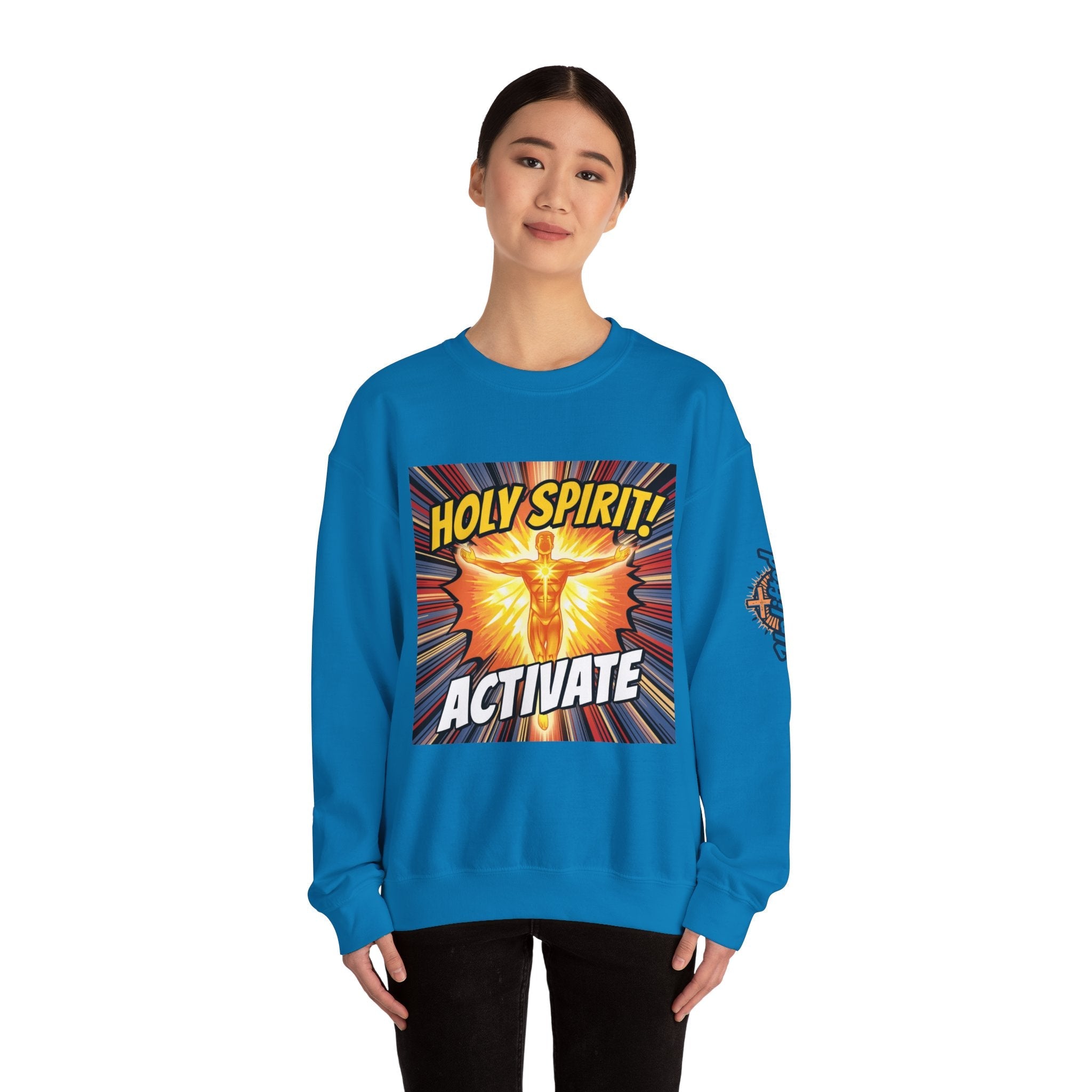 Holy Spirit Activate Sweatshirt – Superhero Christian Sweatshirt with Vibrant Power-Up Design for Faith-Fueled Boldness Printify