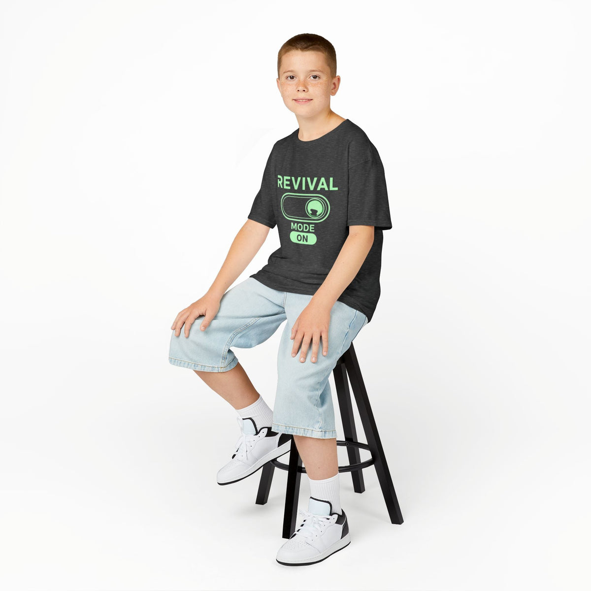 🔥 Revival Mode: ON – Christian Techwear Kids T-Shirt | Glowing Green Faith Switch | Futuristic Jesus Shirt | Activate Your Spiritual Awakening | Uplifted Gear Printify