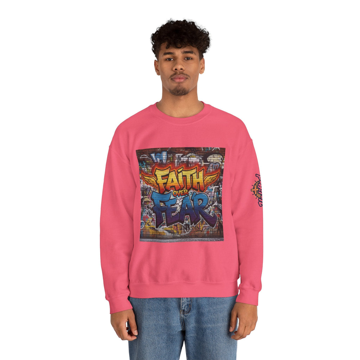 Faith Over Fear Sweatshirt – Graffiti Wall Christian Sweatshirt for Bold 2 Corinthians 5:7 Streetwear & Unshakable Faith Printify