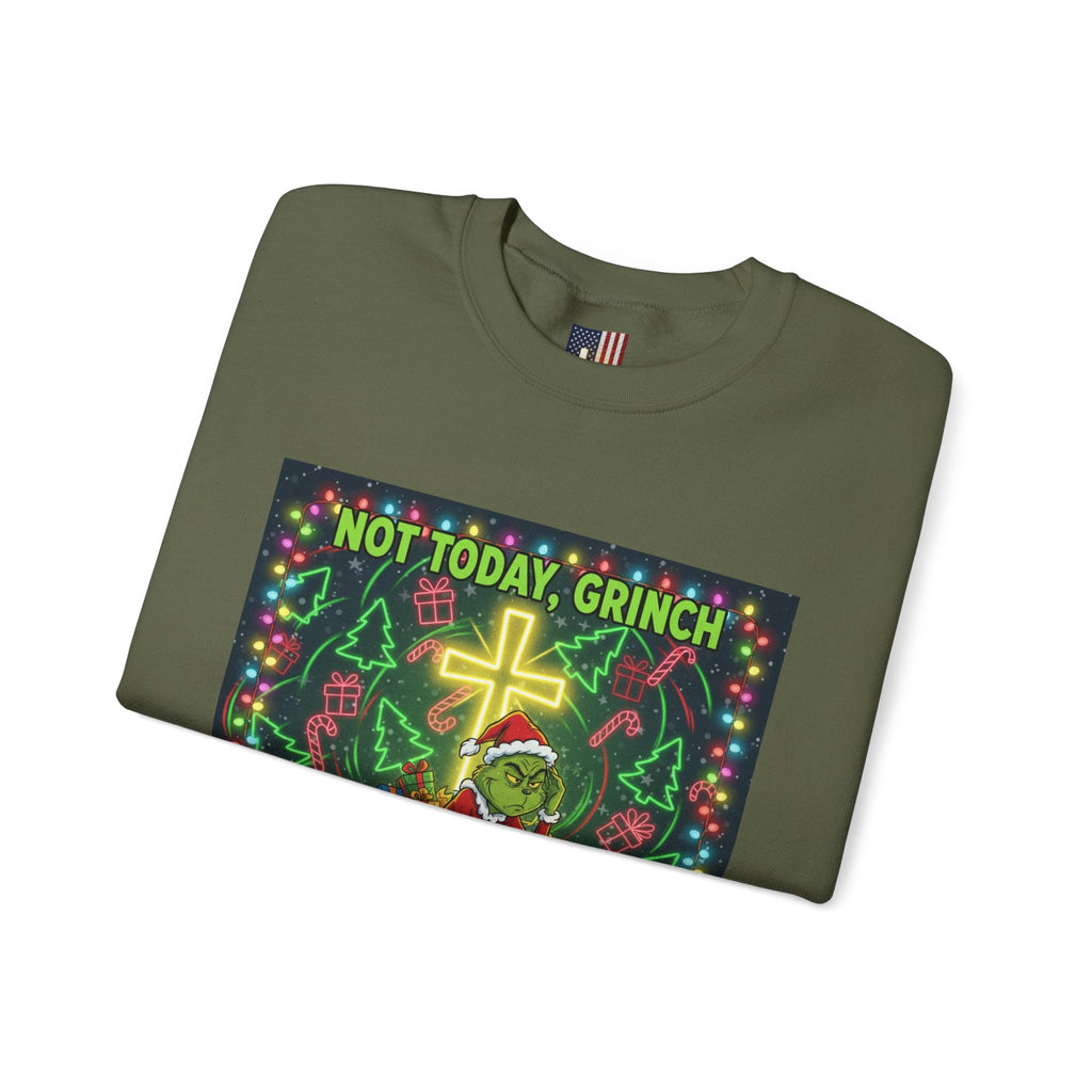 🎄 Not Today, Grinch – Jesus Saves | Funny Christian Christmas Sweatshirt | Festive Green & Red Cartoon Style | Bold Faith Holiday Tee by Uplifted Gear Printify