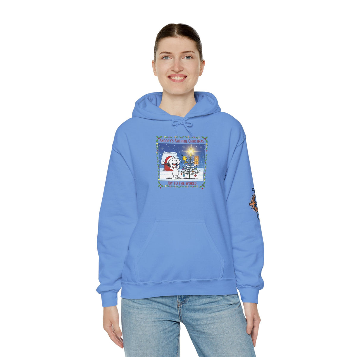 🎄 Faithful Christmas Friends – Christian Holiday Hoodie | Festive Tree & Cartoon Duo | Heartwarming Christmas Tee by Uplifted Gear Printify