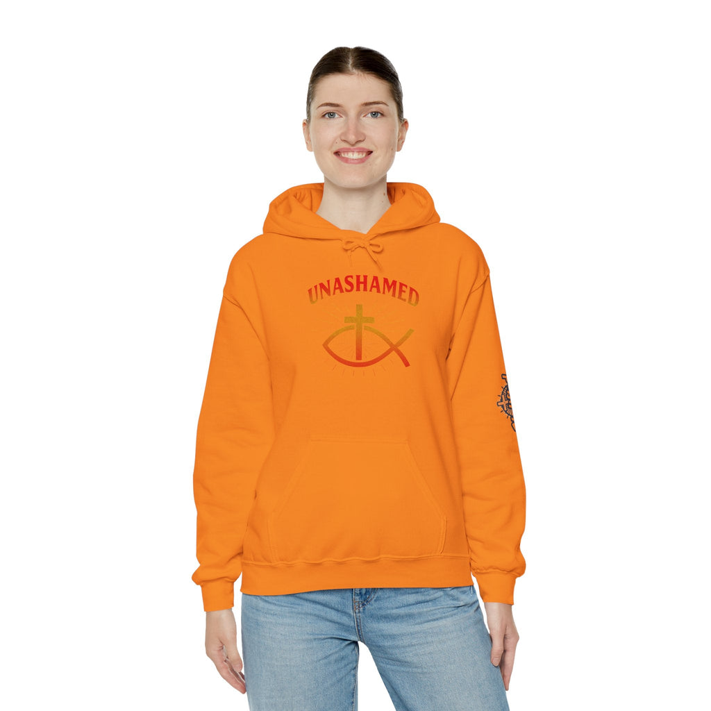 Unashamed Hoodie – Ichthys Jesus Fish & Cross Christian Sweatshirt for Romans 1:16 Bold Faith Printify
