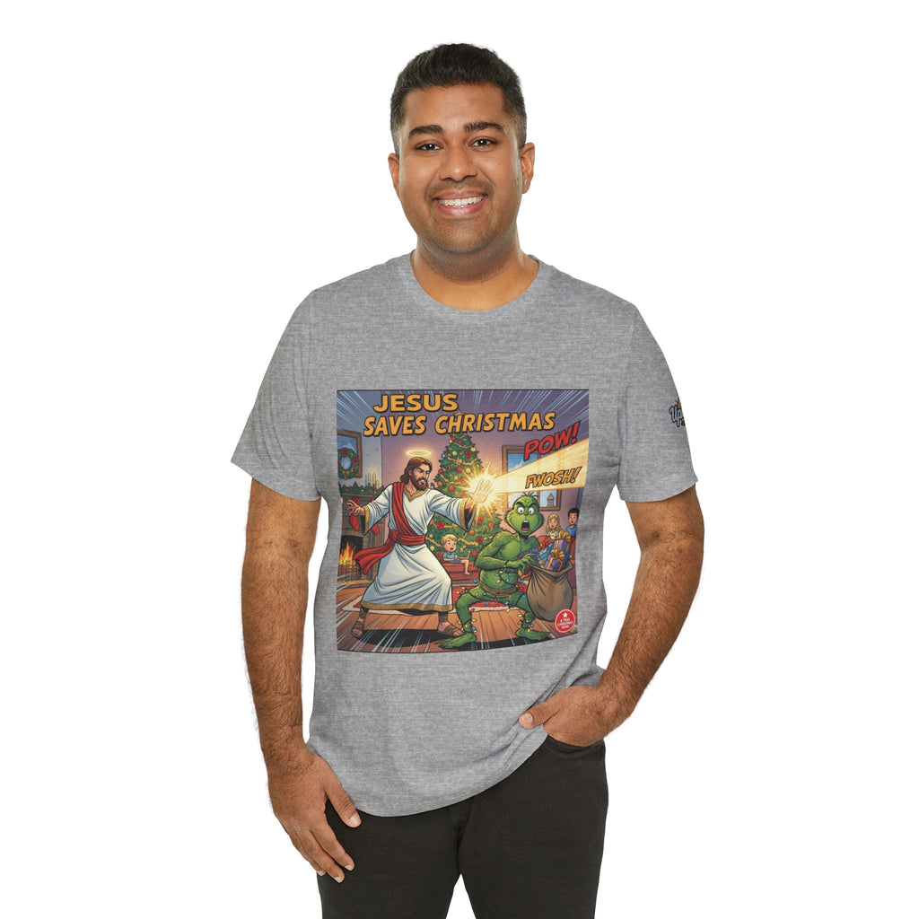 Jesus Saves Christmas T-shirt – Grinch vs Savior Light Battle Christian T-shirt for Hilarious Holiday Faith & True Joy Printify