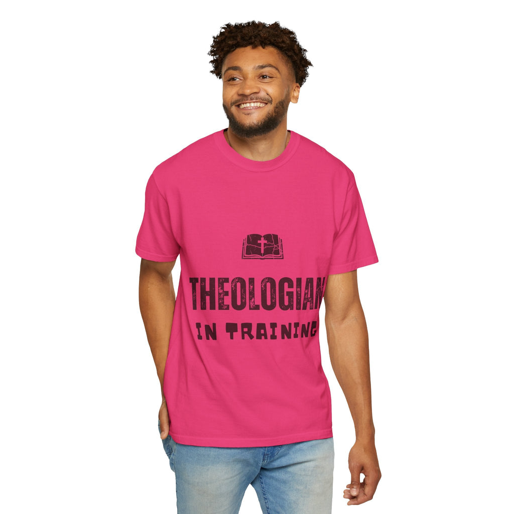 Theologian in Training T-Shirt – Open Bible & Cross Christian Tee for Faithful Learners Printify
