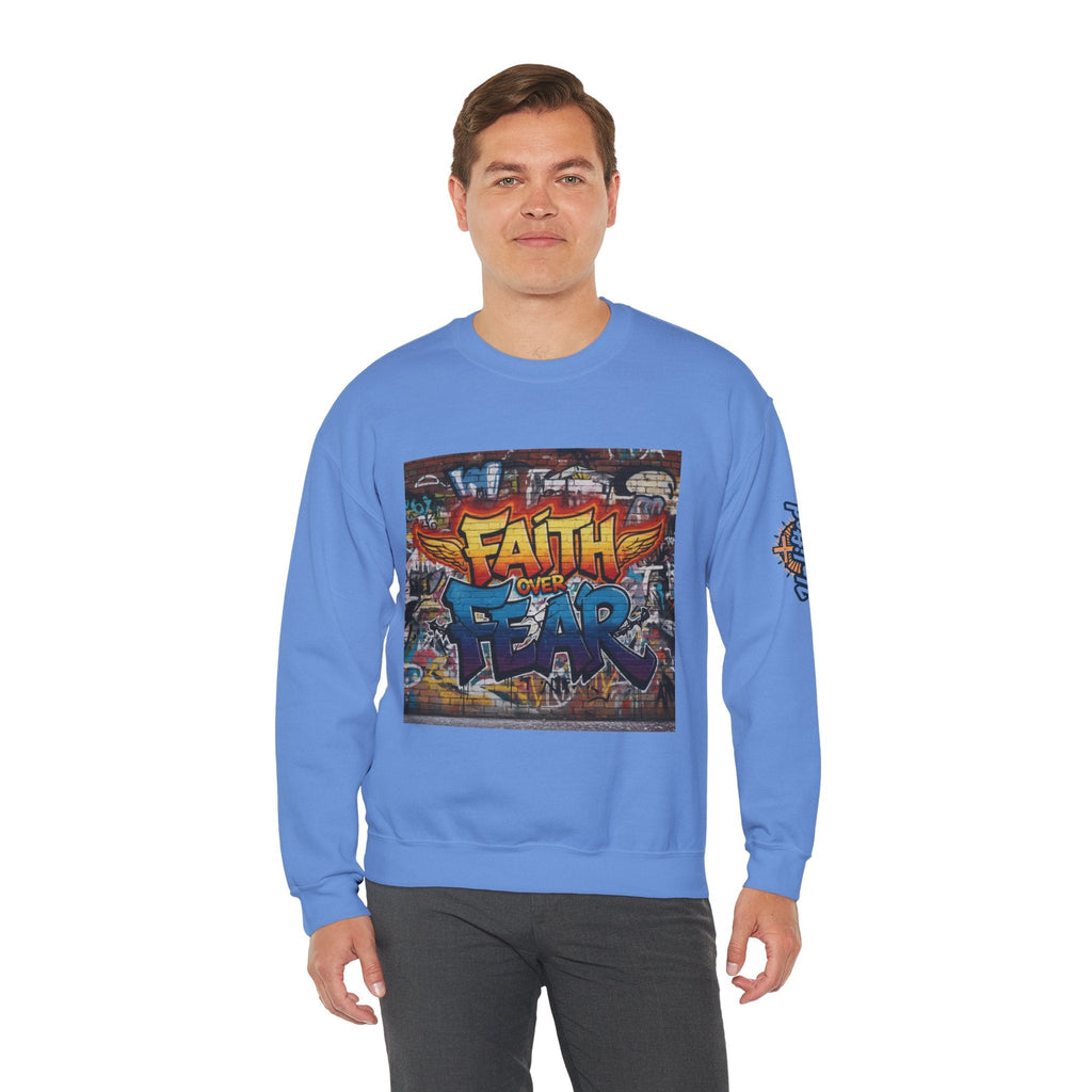 Faith Over Fear Sweatshirt – Graffiti Wall Christian Sweatshirt for Bold 2 Corinthians 5:7 Streetwear & Unshakable Faith Printify