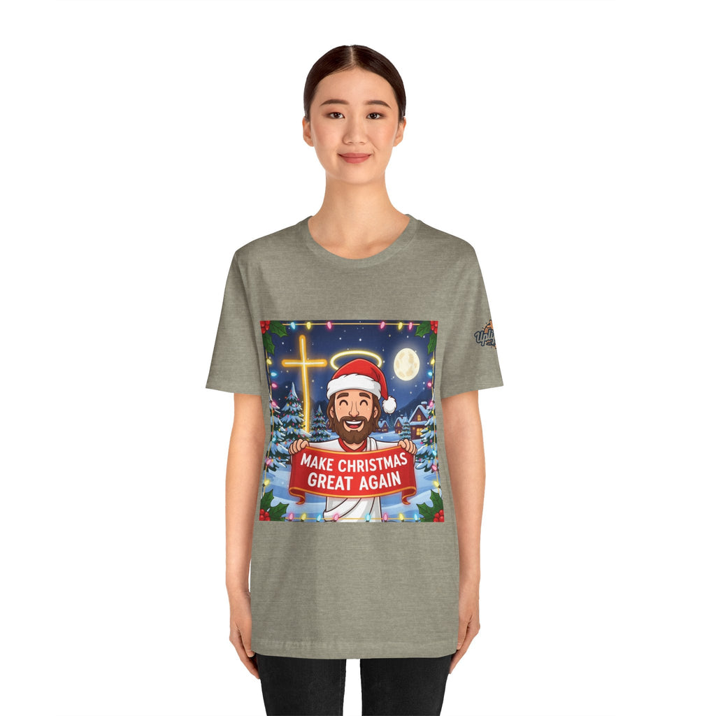 🎄 Make Christmas Great Again – Funny Christian T-Shirt | Jesus Holding Banner | Faith-Based Holiday Parody Tee | Uplifted Gear Printify