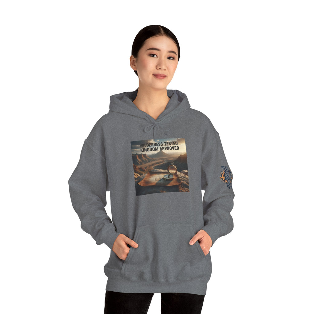 Wilderness Tested Kingdom Approved Hoodie – Mountain Desert Compass Crown Christian Sweatshirt for Biblical Adventure Faith Printify