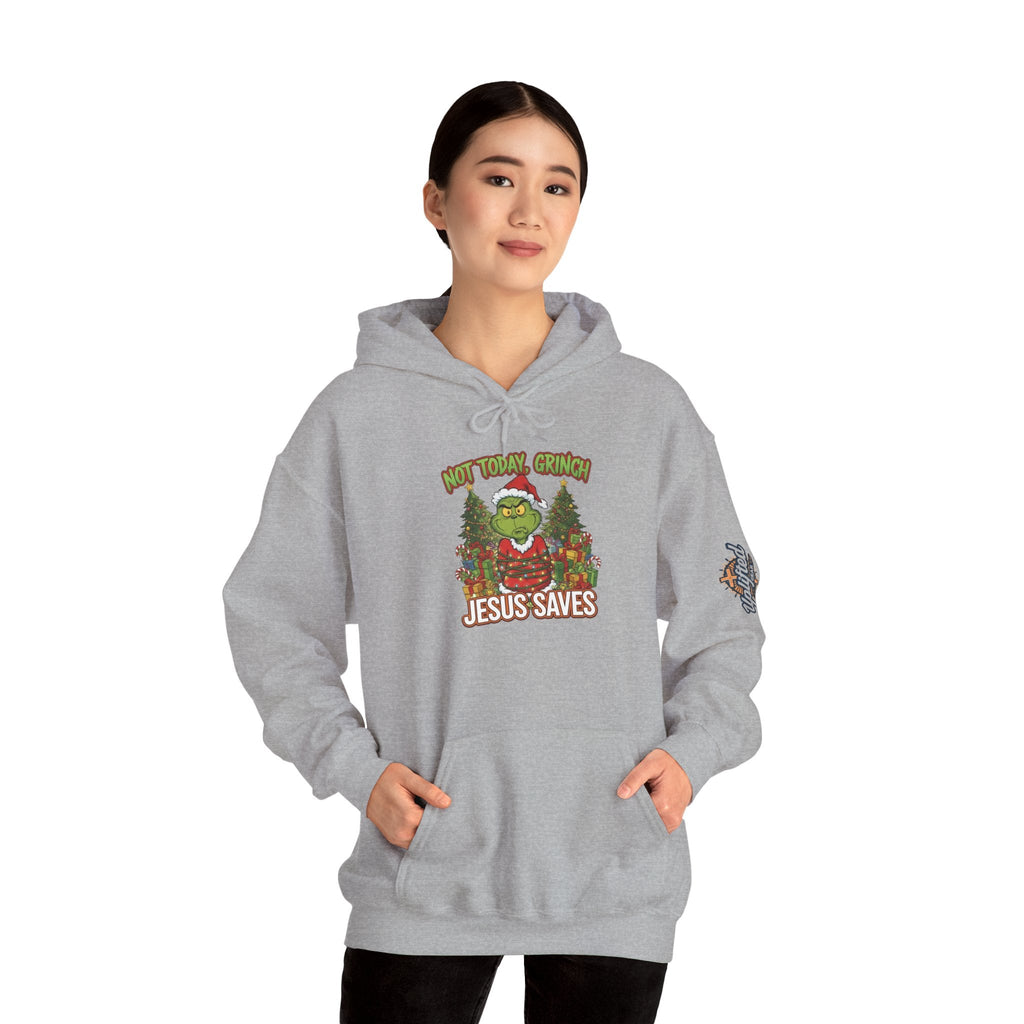 🎄 Not Today, Grinch – Jesus Saves | Funny Christian Christmas Hoodie | Sulking Grinch & Glowing Cross | Bold Neon Faith Tee by Uplifted Gear Printify