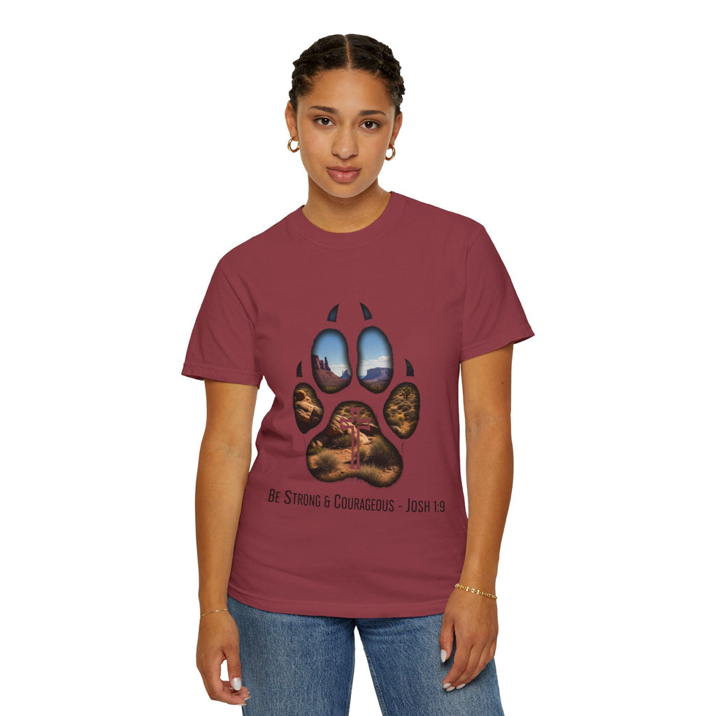 Strong and Courageous T-Shirt – Canine Pawprint Desert Joshua 1:9 Christian Tee Printify