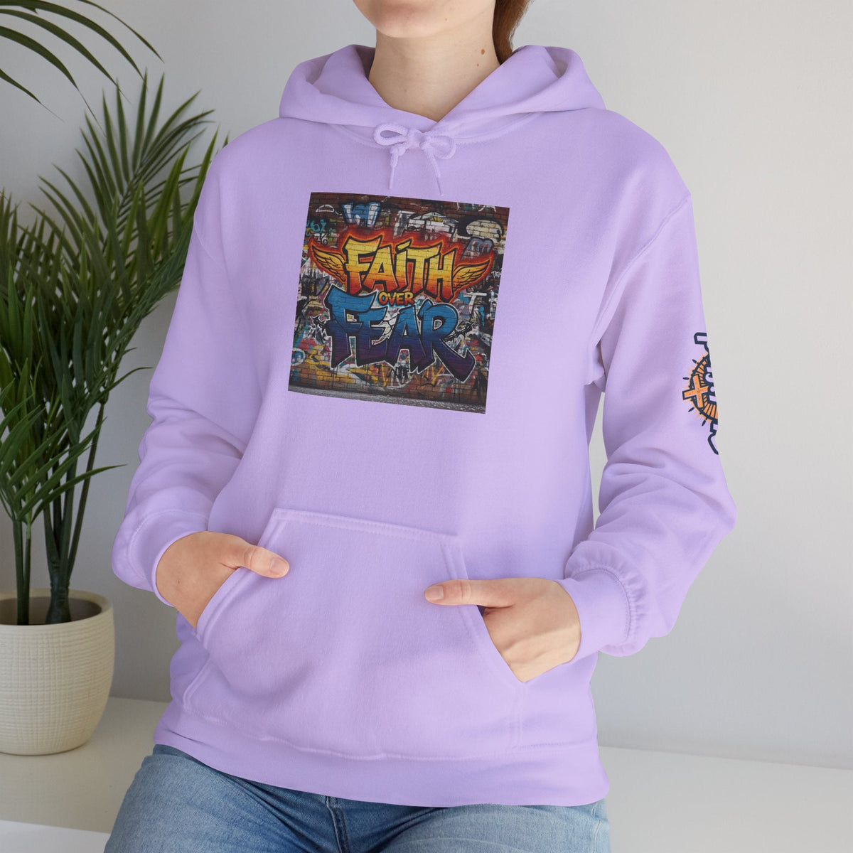 Faith Over Fear Hoodie – Graffiti Wall Christian Sweatshirt for Bold 2 Corinthians 5:7 Streetwear & Unshakable Faith Printify