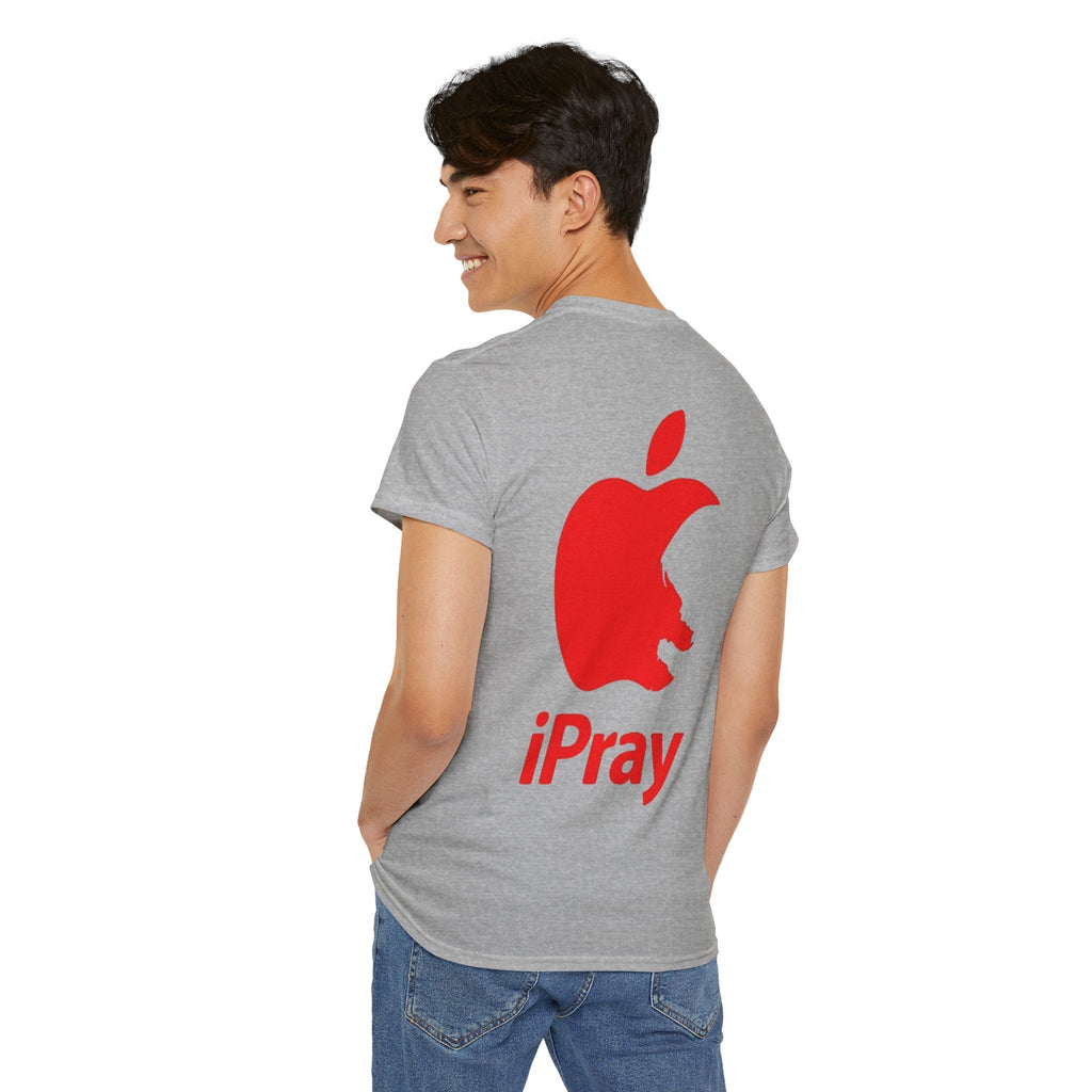 iPray Apple Logo Tee — Funny Christian T-Shirt (Minimal Red Apple Graphic) Printify