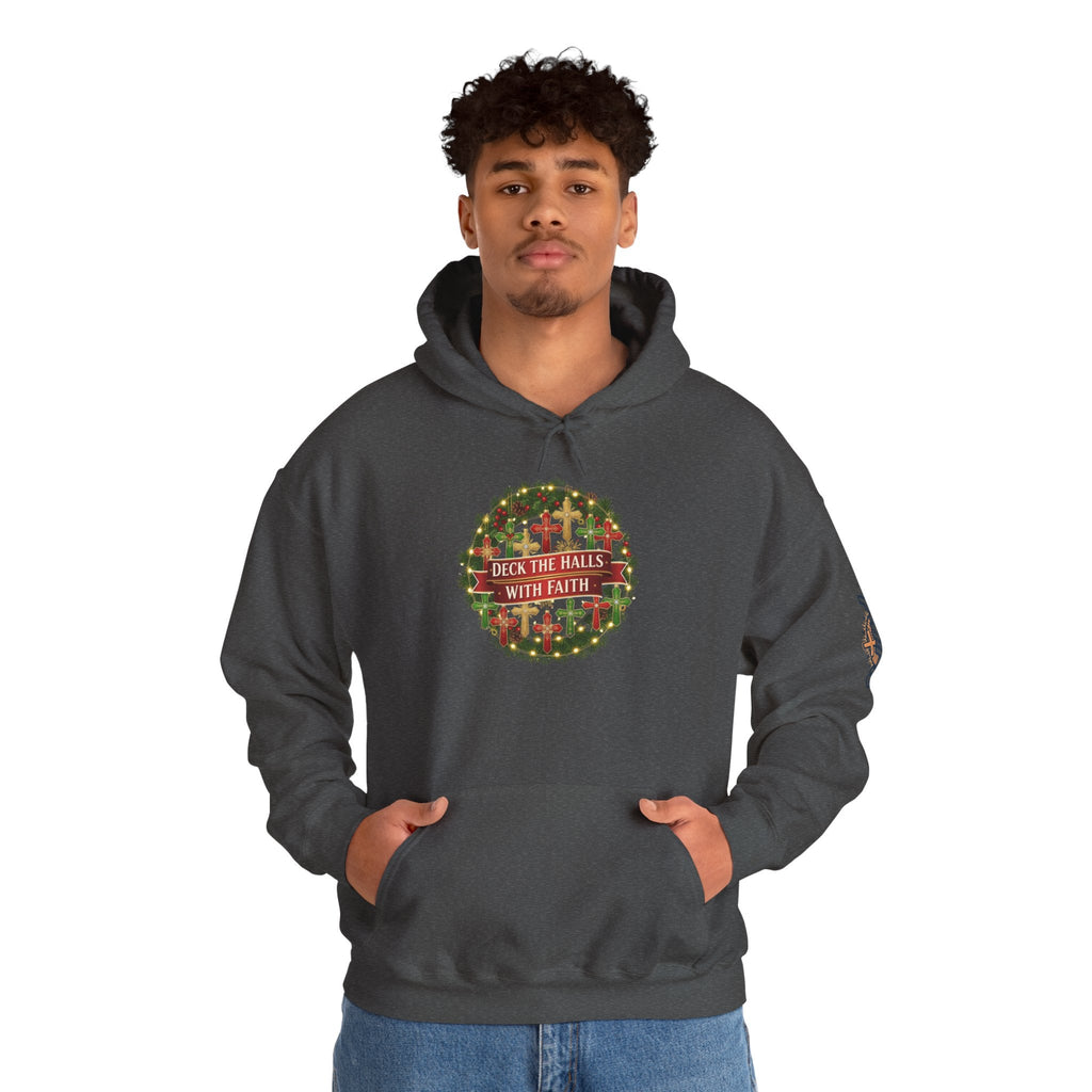 🎄 Deck the Halls with Faith – Christian Christmas Hoodie | Cross Ornament Design & Festive Garland | Bold Holiday Faith Tee by Uplifted Gear Printify
