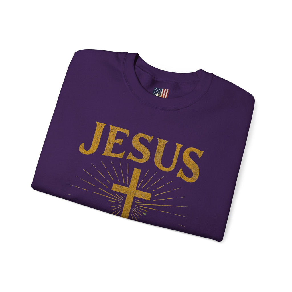 Jesus Saves Sweatshirt – Radiant Cross & Rays of Light Christian Sweatshirt for Eternal Hope & Faith Printify
