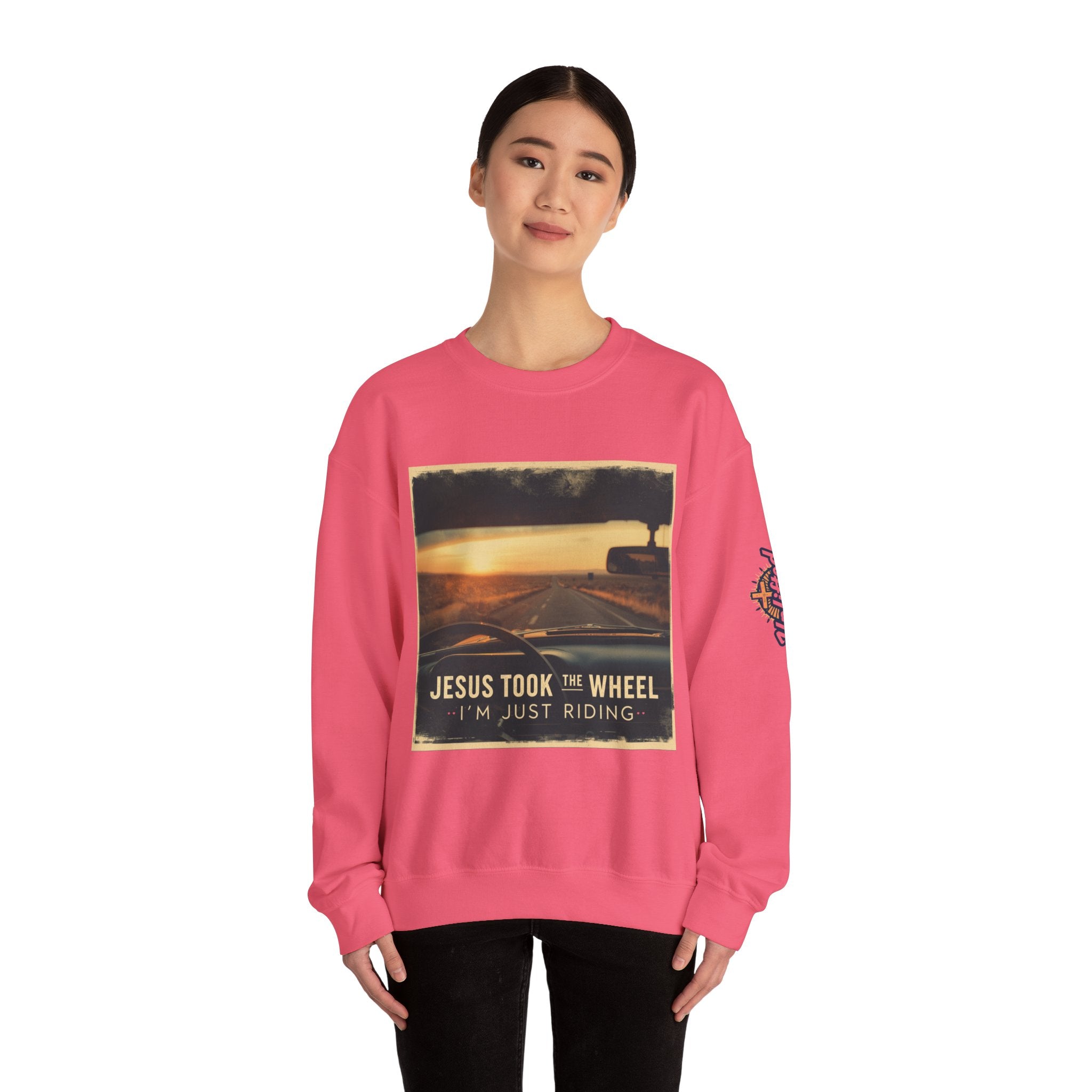 Jesus Took the Wheel I'm Just Riding Sweatshirt – Funny Christian Convertible Car Sweatshirt for Surrendered Faith & Humor