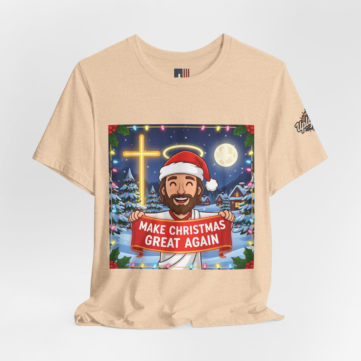🎄 Make Christmas Great Again – Funny Christian T-Shirt | Jesus Holding Banner | Faith-Based Holiday Parody Tee | Uplifted Gear Printify
