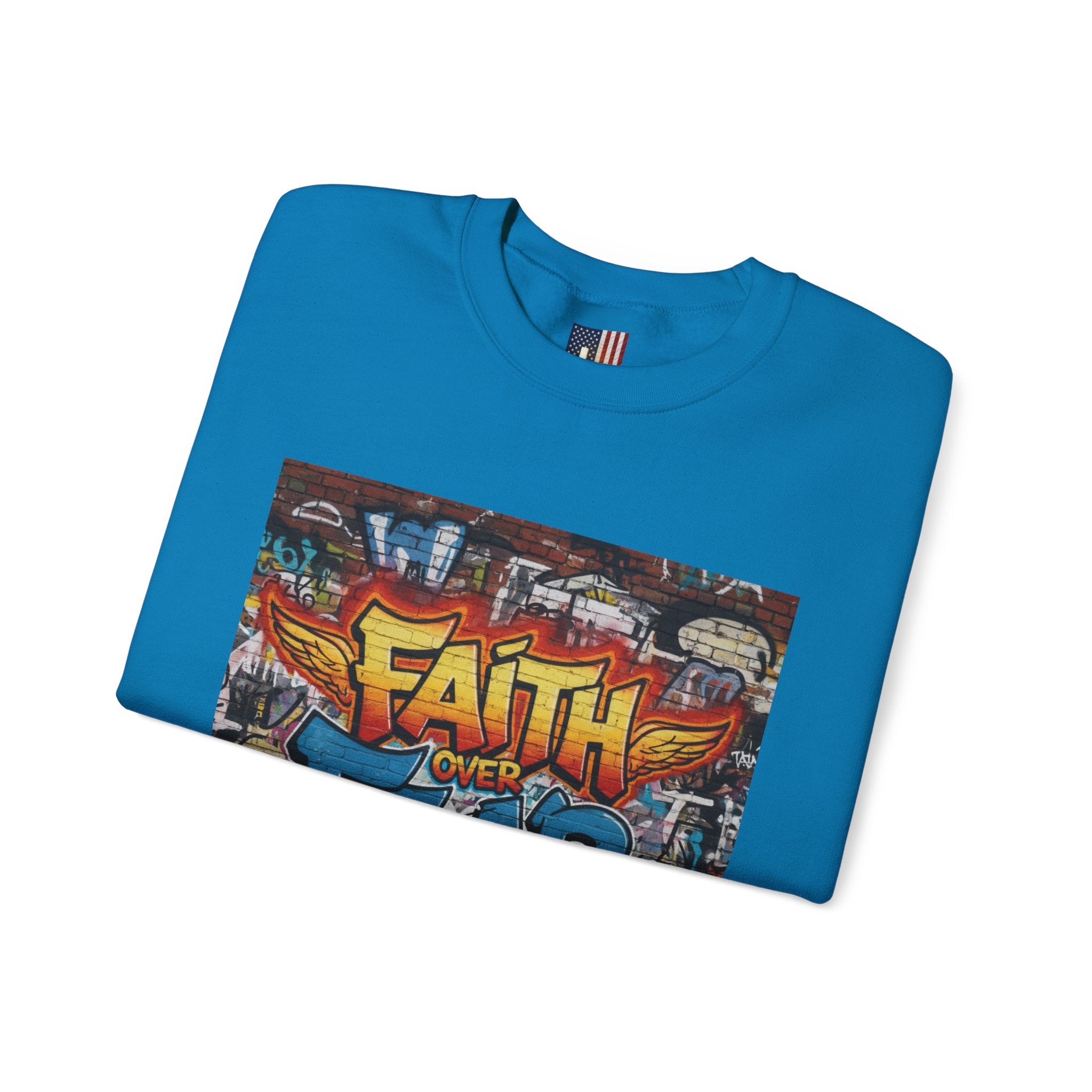 Faith Over Fear Sweatshirt – Graffiti Wall Christian Sweatshirt for Bold 2 Corinthians 5:7 Streetwear & Unshakable Faith Printify