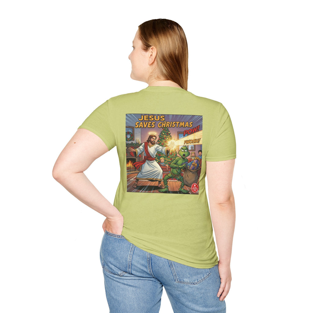 Jesus Saves Christmas T-shirt – Grinch vs Savior Light Battle Christian T-shirt for Hilarious Holiday Faith & True Joy Printify
