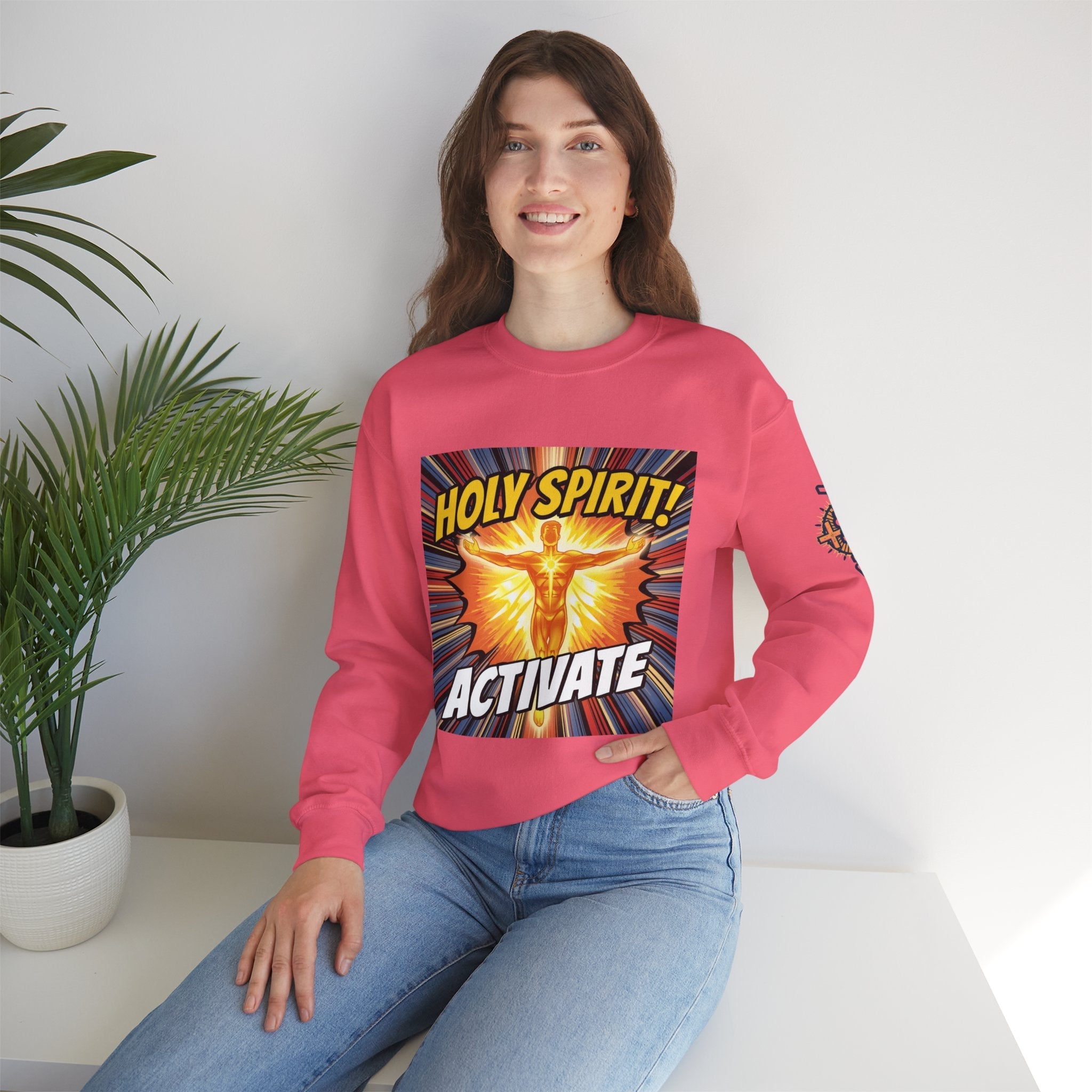Holy Spirit Activate Sweatshirt – Superhero Christian Sweatshirt with Vibrant Power-Up Design for Faith-Fueled Boldness Printify