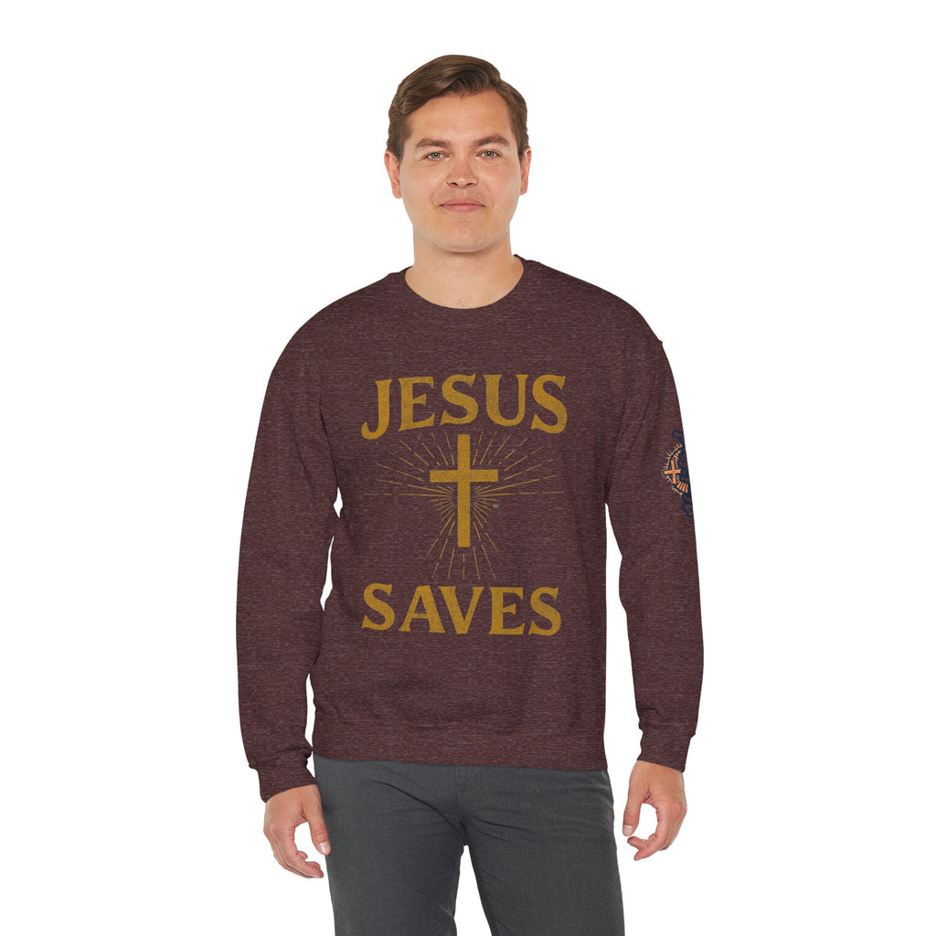 Jesus Saves Sweatshirt – Radiant Cross & Rays of Light Christian Sweatshirt for Eternal Hope & Faith Printify