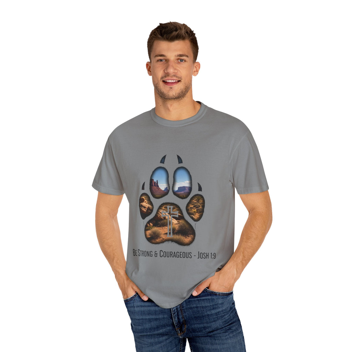 Strong and Courageous T-Shirt – Canine Pawprint Desert Joshua 1:9 Christian Tee Printify