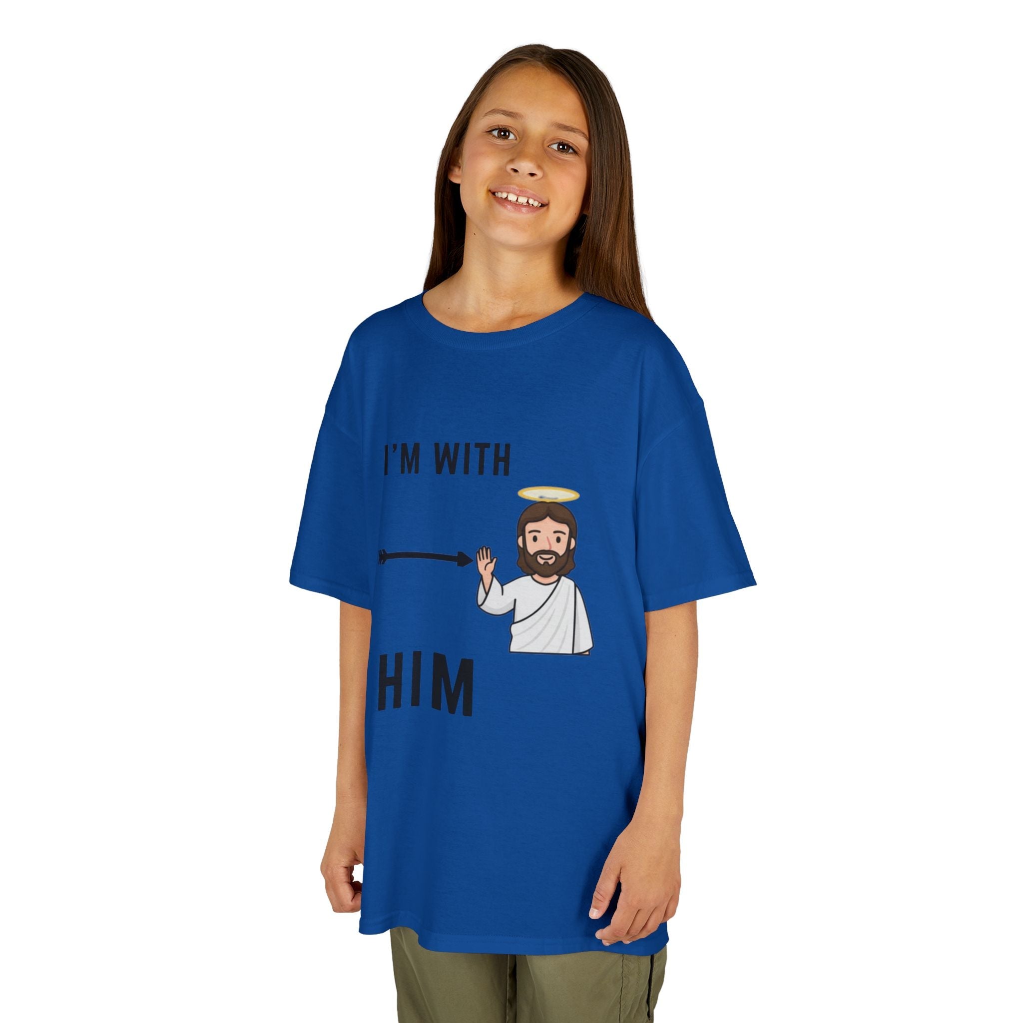 🔥 I’m With Him → Christian Kids T-Shirt | Arrow Pointing to Jesus | Minimalist Faith Tee | Subtle Cross Design | Bible-Inspired Apparel by Uplifted Gear Printify