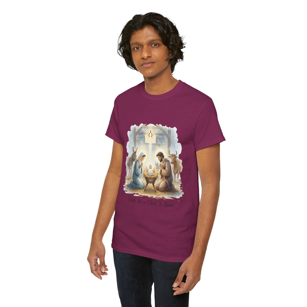 Unto Us a Child is Born T-shirt – Isaiah 9:6 Nativity Manger Scene Christian Christmas T-shirt for Holy Night Faith Printify