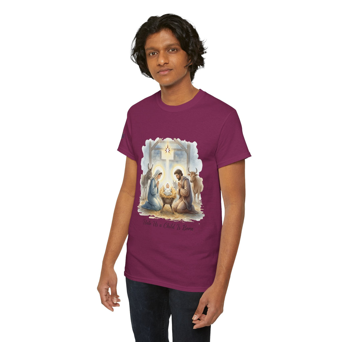 Unto Us a Child is Born T-shirt – Isaiah 9:6 Nativity Manger Scene Christian Christmas T-shirt for Holy Night Faith Printify