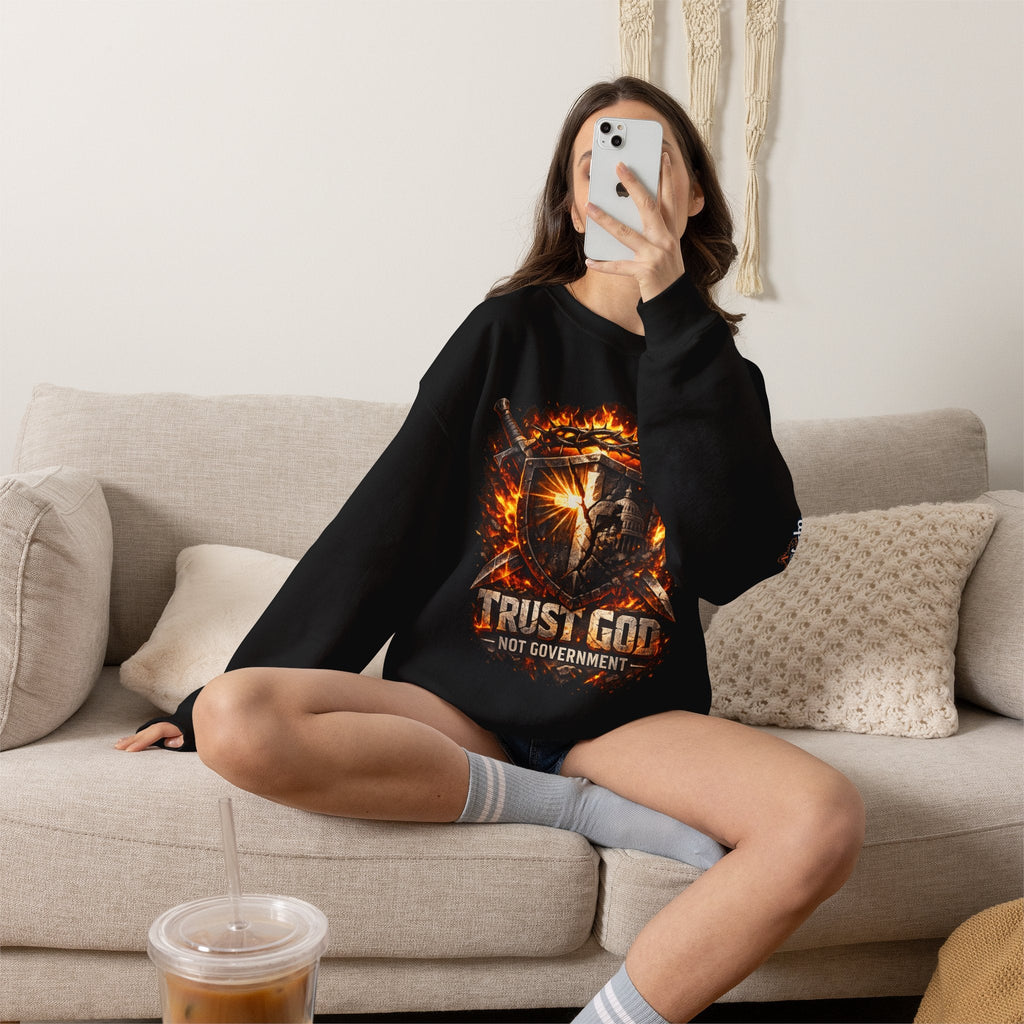Trust God Not Government Shield Sweatshirt — Patriotic Christian Faith Sweatshirt Printify
