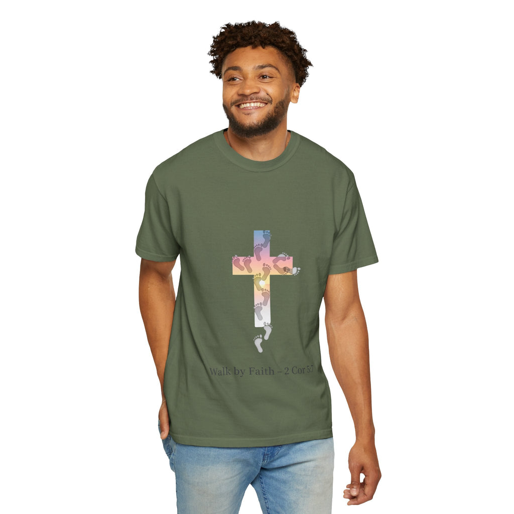Walk by Faith T-Shirt – Cross & Footprints Christian Tee for Bold Believers Printify
