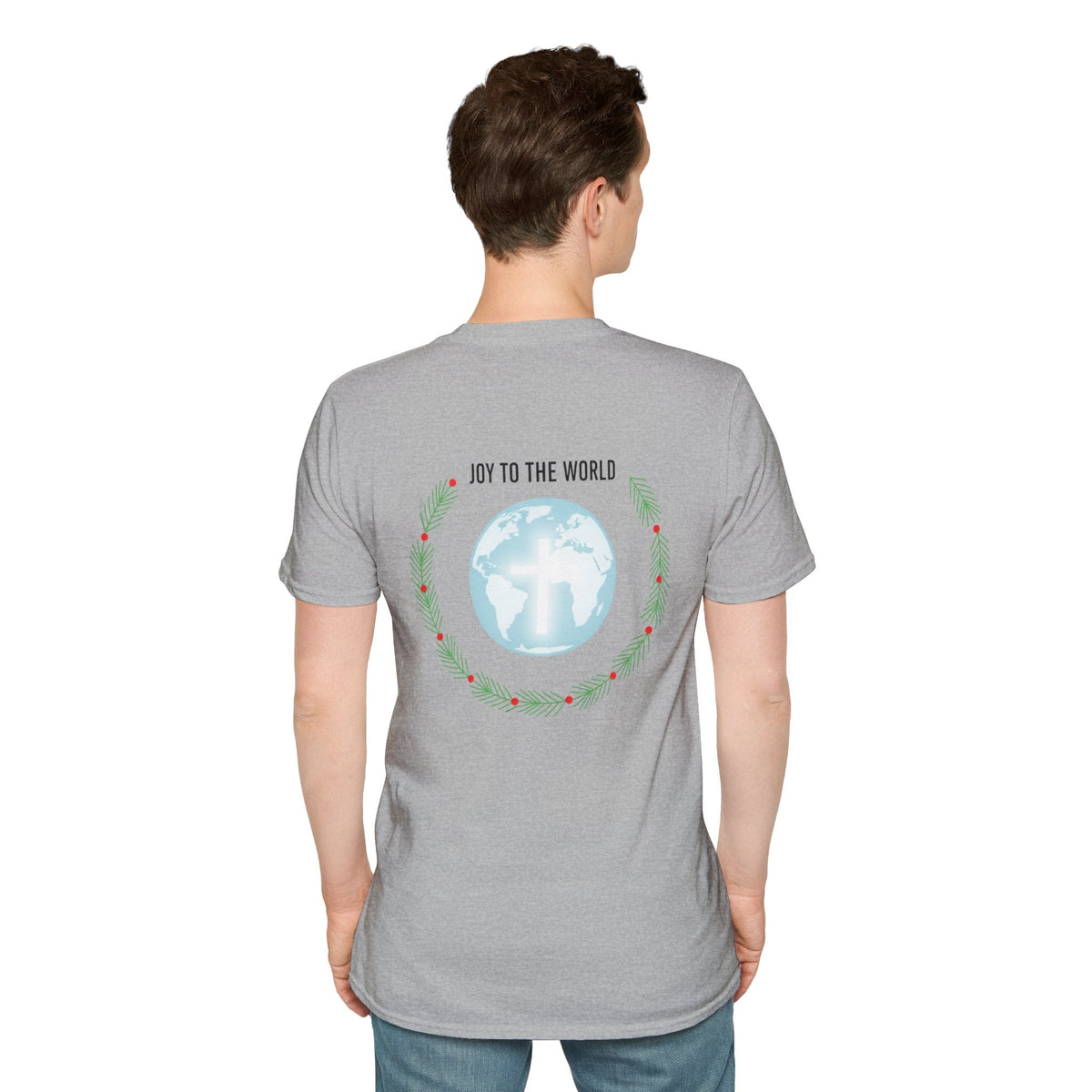 Joy to the World T-shirt – Wreath Earth Nativity Christian Christmas T-shirt for Isaiah 9:6 Holiday Faith & Festive Joy Printify