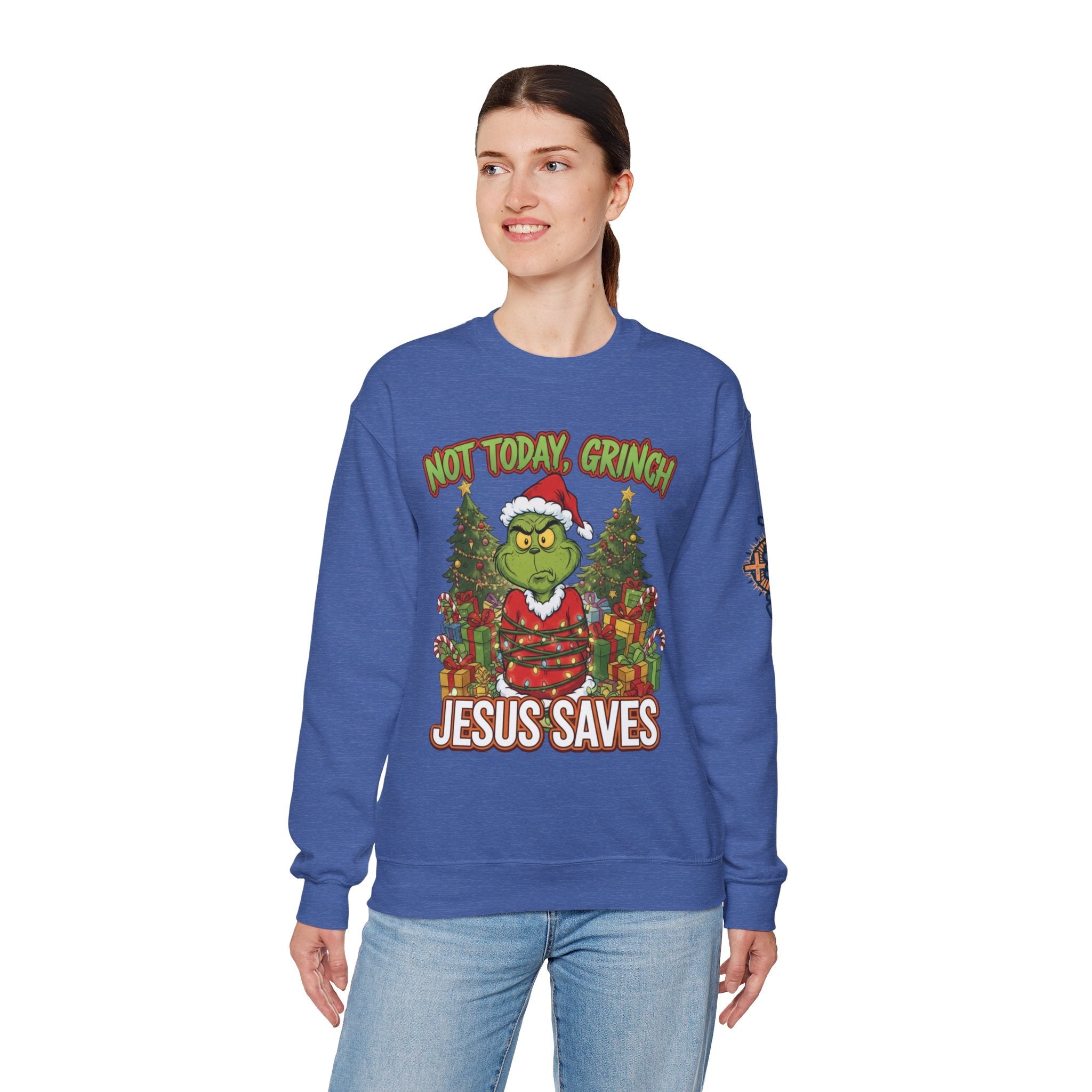 🎄 Not Today, Grinch – Jesus Saves | Funny Christian Christmas Sweatshirt | Sulking Grinch & Glowing Cross | Bold Neon Faith Tee by Uplifted Gear Printify
