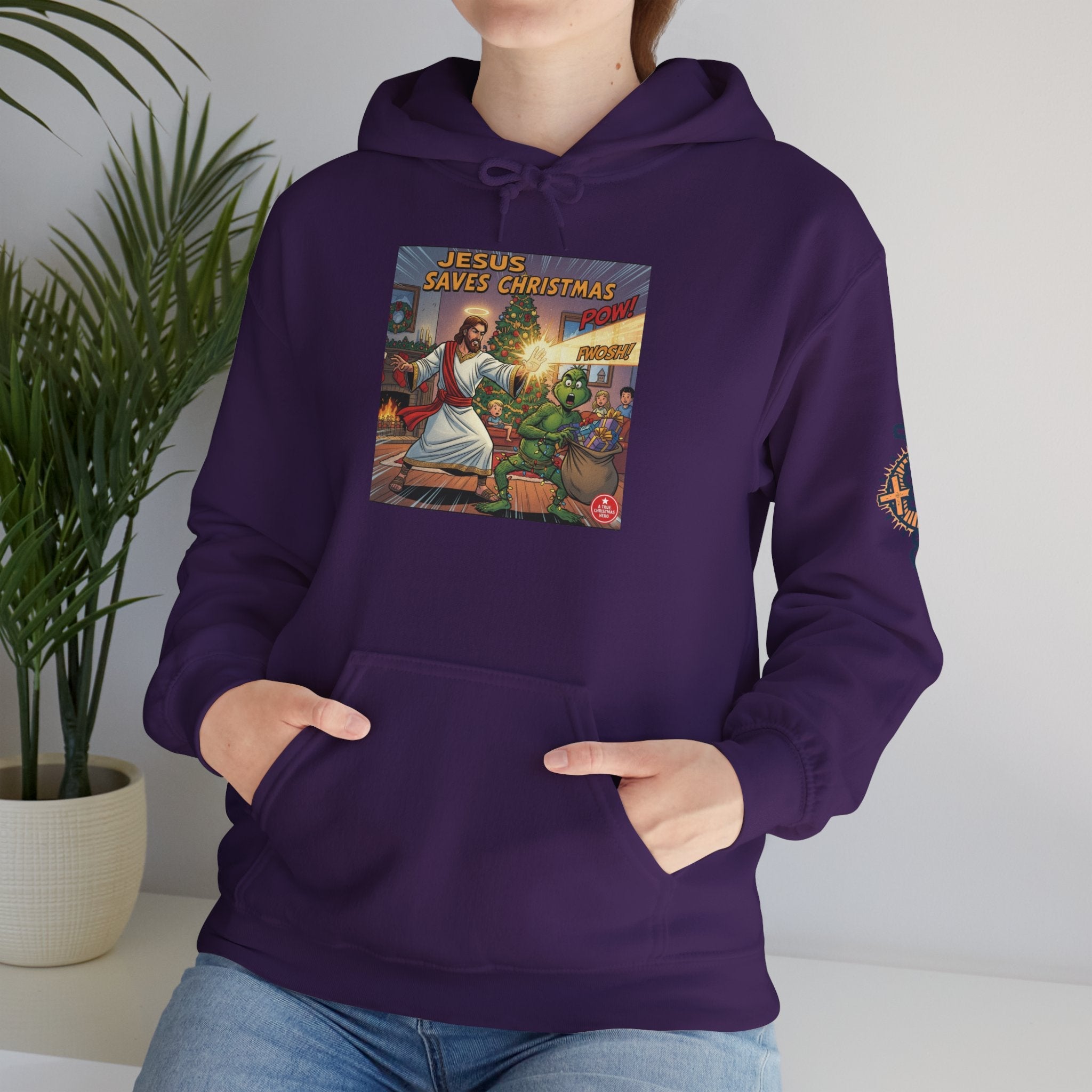 Jesus Saves Christmas Hoodie – Grinch vs Savior Light Battle Christian Sweatshirt for Hilarious Holiday Faith & True Joy Printify
