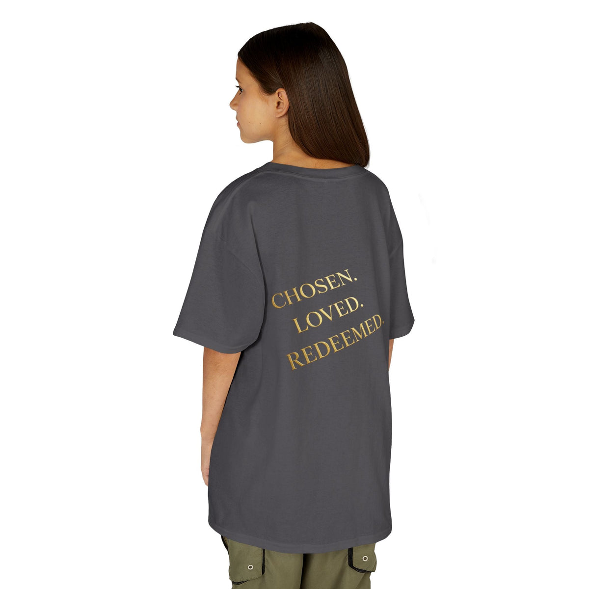 ✨ Chosen. Loved. Redeemed. – Elegant Christian Kids T-Shirt | Gold Foil Faith Tee | Subtle Cross & Heart Design | Inspirational Bible Verse Apparel by Uplifted Gear Printify