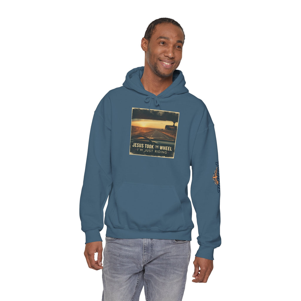 Jesus Took the Wheel I'm Just Riding Hoodie – Funny Christian Convertible Car Sweatshirt for Surrendered Faith & Humor Printify